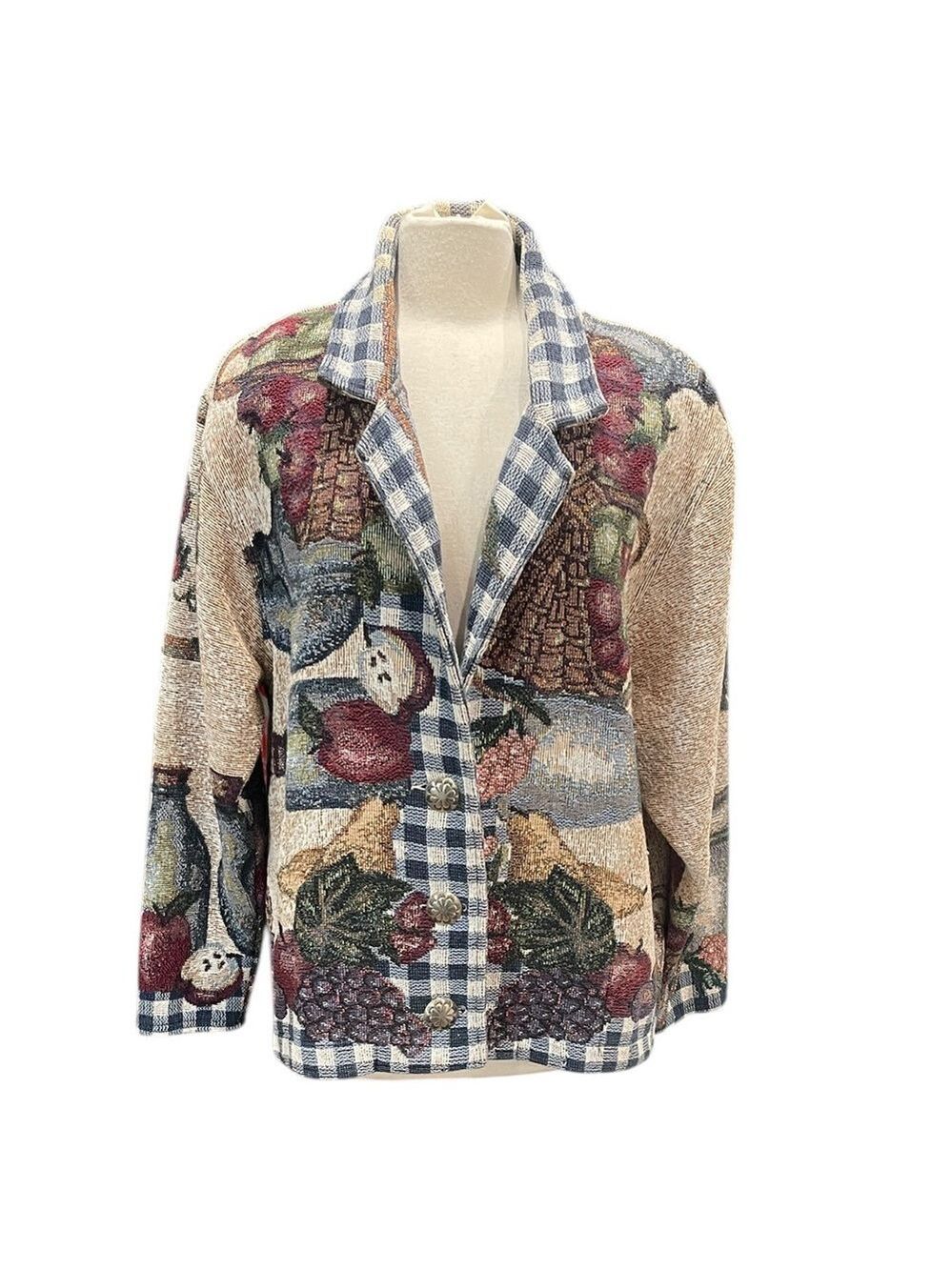 Vintage Painted  Pony Tapestry Jacket Fruit Gingham Border SZ L